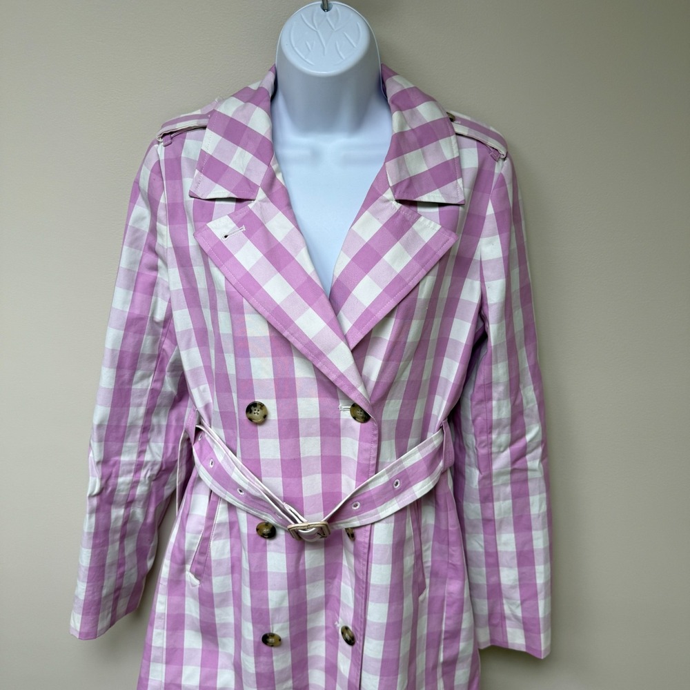 J.Crew Icon Trench Coat Womens 4 Lilac White Gingham Plaid Flirty Cute Party - Picture 2 of 16